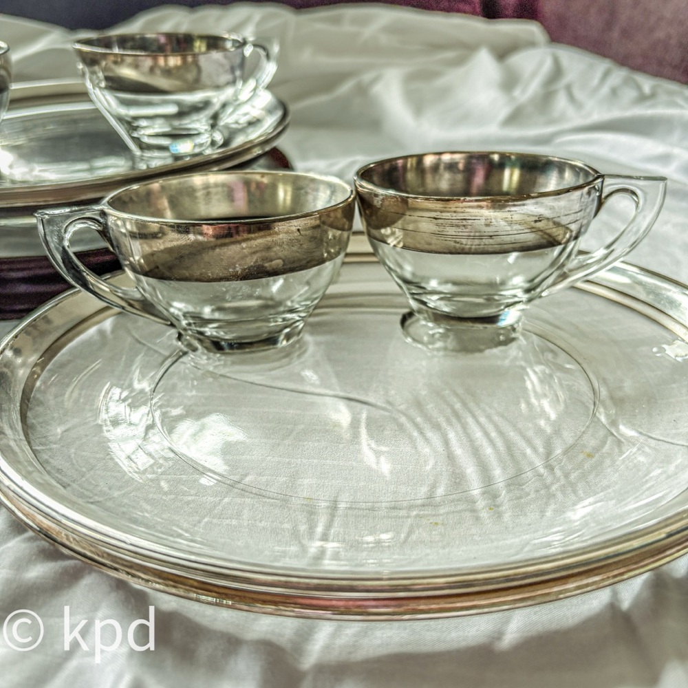 Vintage Silver Rimmed Glass Luncheon & Tea Set with Plates – Set of 6
